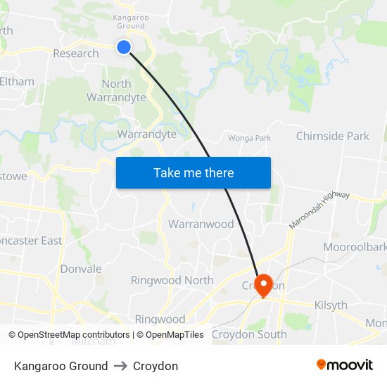 Kangaroo Ground to Croydon map