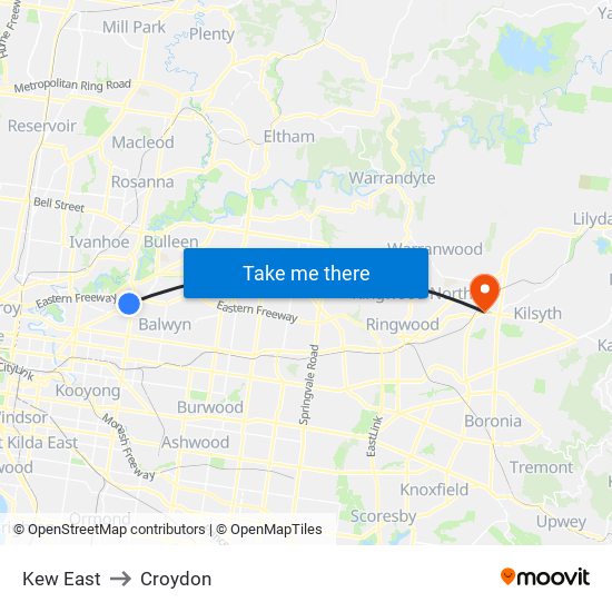 Kew East to Croydon map