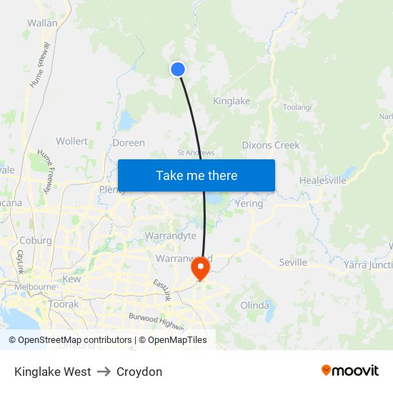 Kinglake West to Croydon map