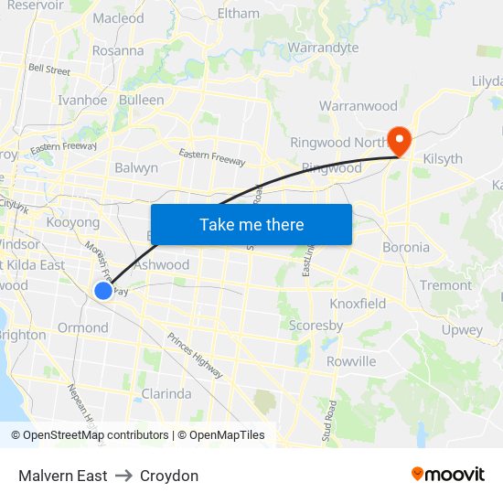 Malvern East to Croydon map