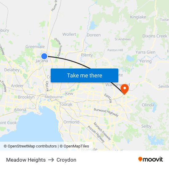 Meadow Heights to Croydon map