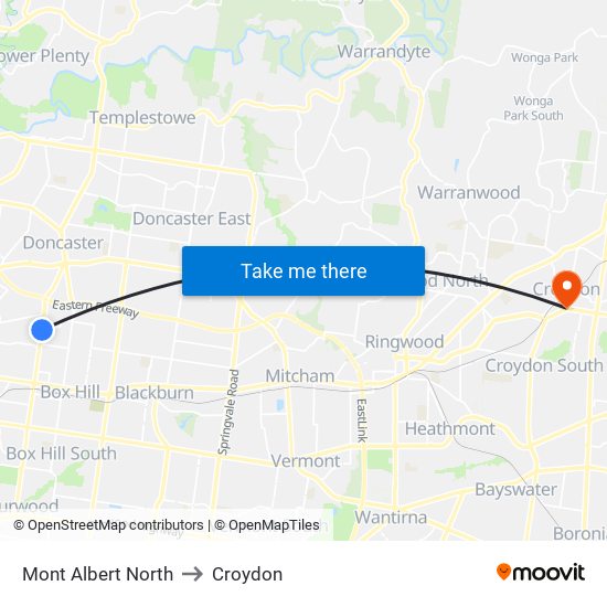 Mont Albert North to Croydon map