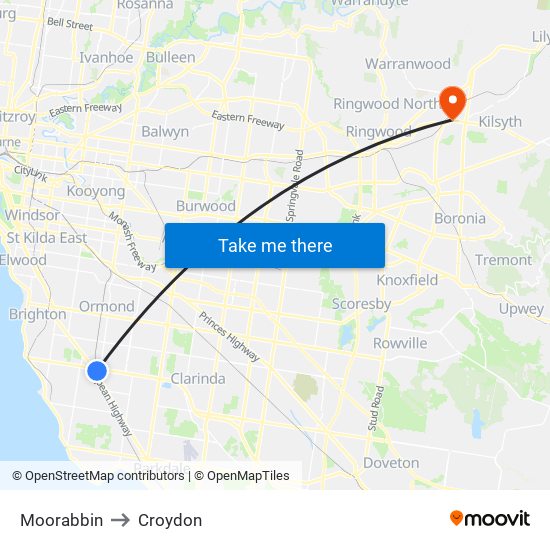 Moorabbin to Croydon map