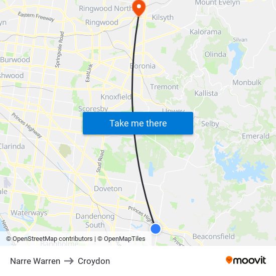 Narre Warren to Croydon map