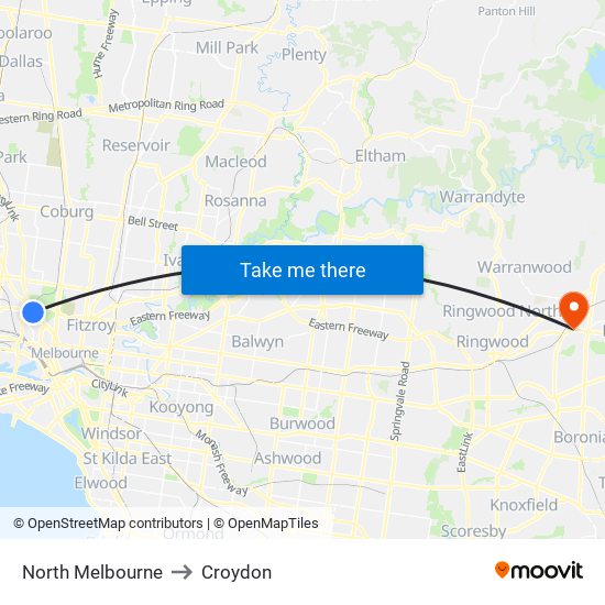North Melbourne to Croydon map