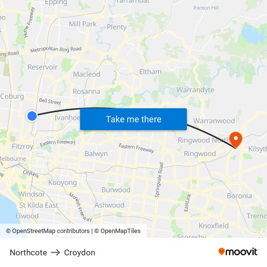 Northcote to Croydon map