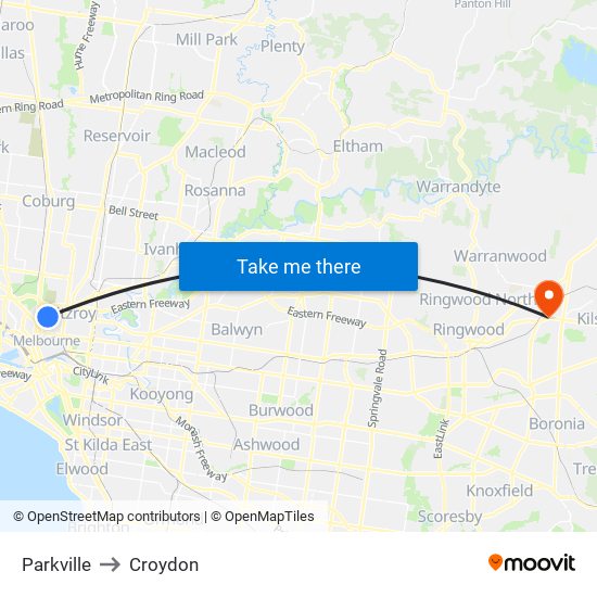 Parkville to Croydon map