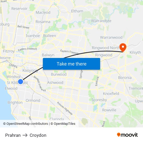 Prahran to Croydon map