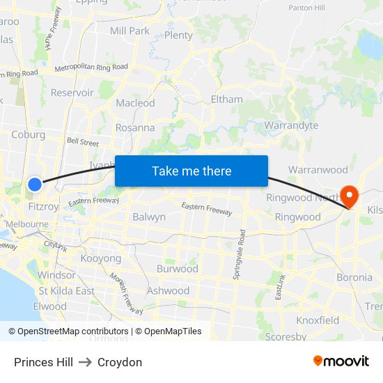 Princes Hill to Croydon map