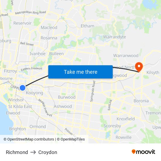 Richmond to Croydon map