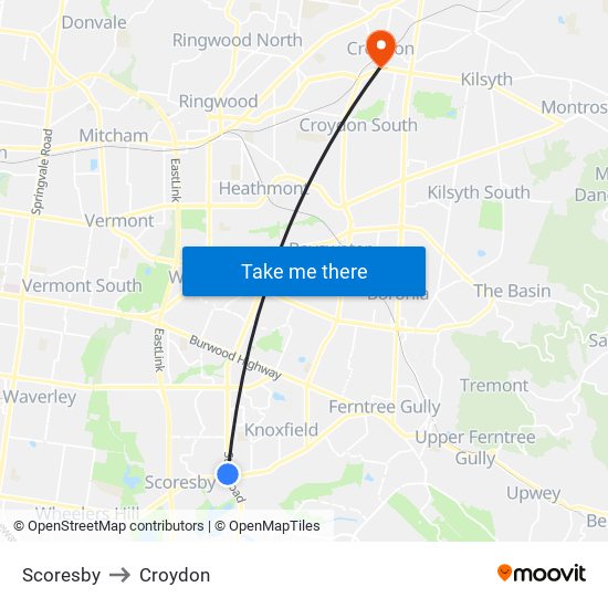 Scoresby to Croydon map