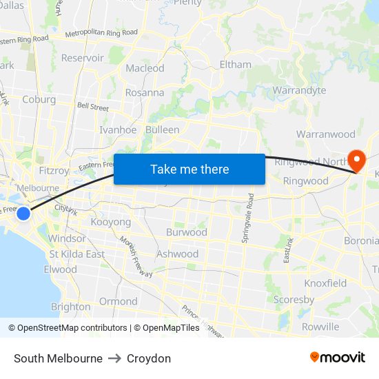 South Melbourne to Croydon map