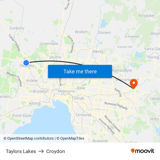 Taylors Lakes to Croydon map