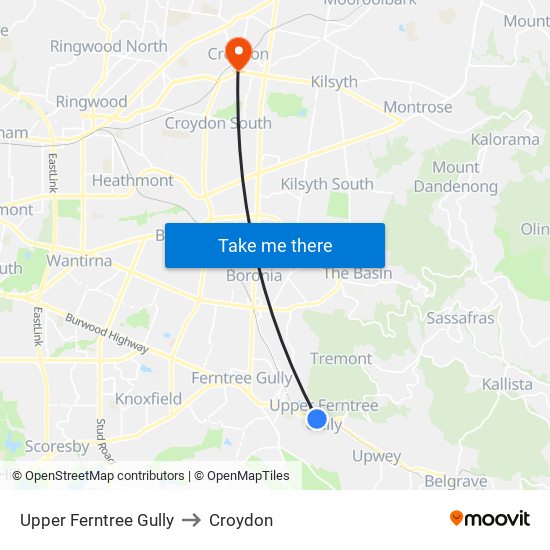 Upper Ferntree Gully to Croydon map