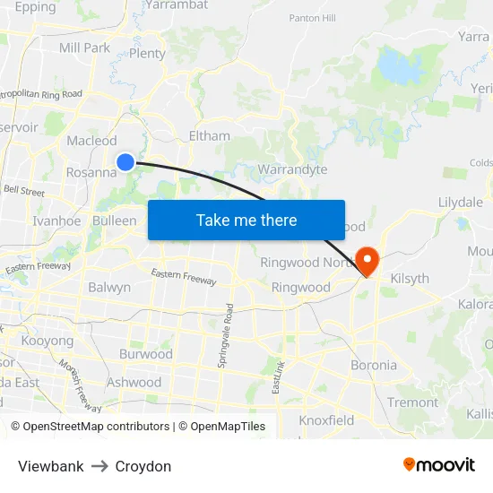 Viewbank to Croydon map