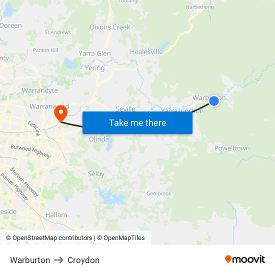 Warburton to Croydon map