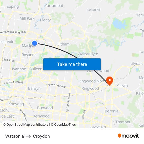 Watsonia to Croydon map