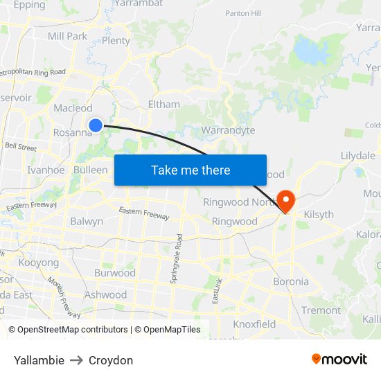 Yallambie to Croydon map