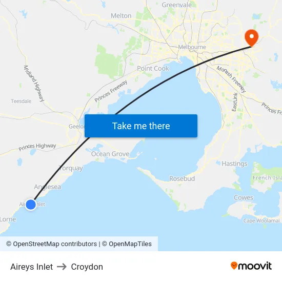 Aireys Inlet to Croydon map