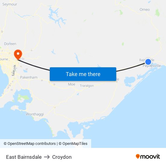 East Bairnsdale to Croydon map