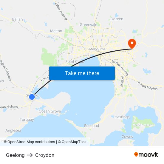 Geelong to Croydon map