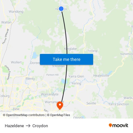 Hazeldene to Croydon map