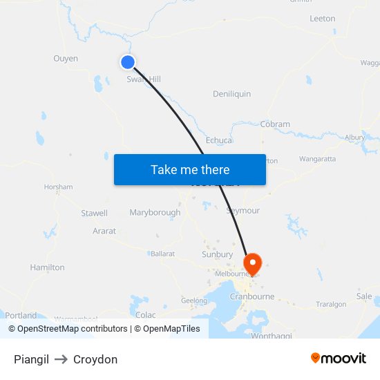 Piangil to Croydon map