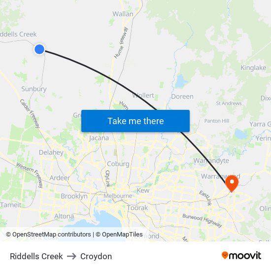 Riddells Creek to Croydon map