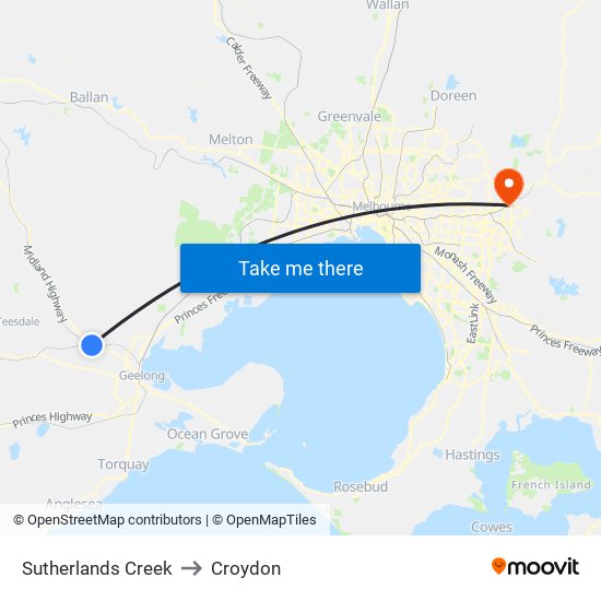 Sutherlands Creek to Croydon map