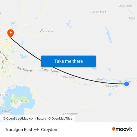 Traralgon East to Croydon map