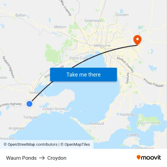 Waurn Ponds to Croydon map