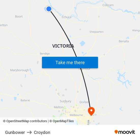 Gunbower to Croydon map