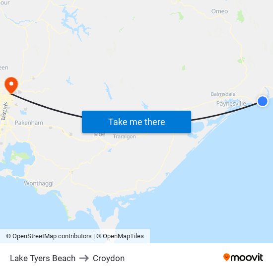 Lake Tyers Beach to Croydon map