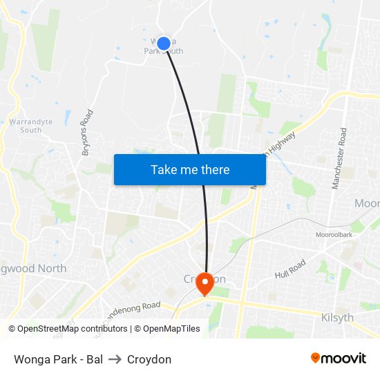Wonga Park - Bal to Croydon map