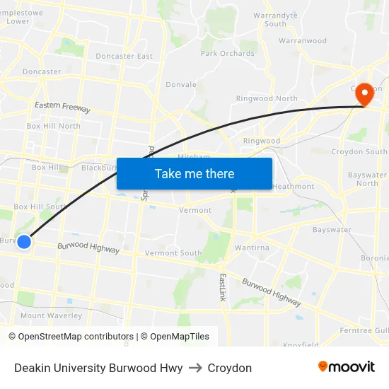 Deakin University Burwood Hwy to Croydon map