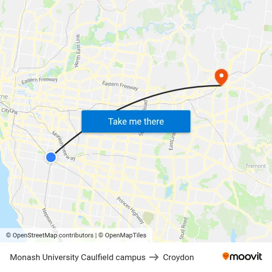 Monash University Caulfield campus to Croydon map