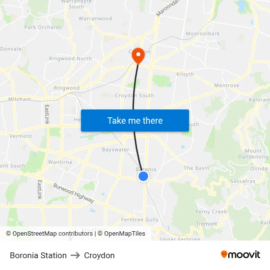 Boronia Station to Croydon map