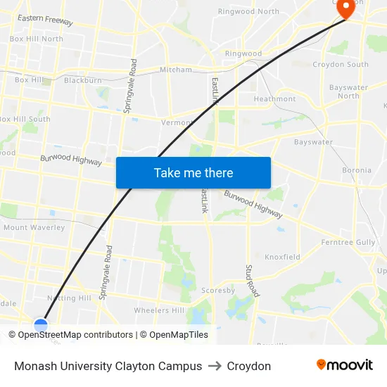 Monash University Clayton Campus to Croydon map