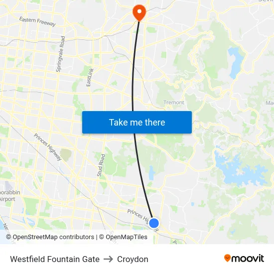 Westfield Fountain Gate to Croydon map