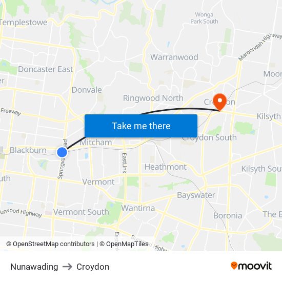 Nunawading to Croydon map