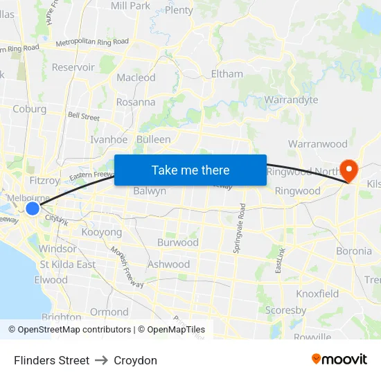 Flinders Street to Croydon map