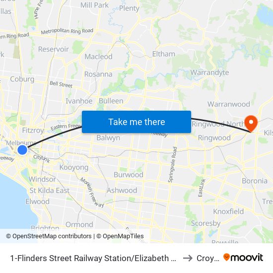 1-Flinders Street Railway Station/Elizabeth St (Melbourne City) to Croydon map