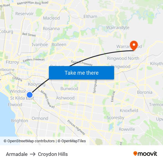 Armadale to Croydon Hills map