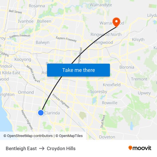Bentleigh East to Croydon Hills map