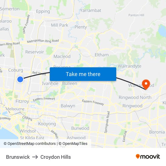 Brunswick to Croydon Hills map