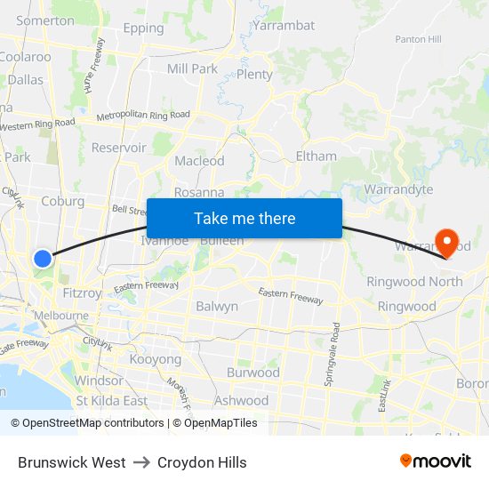 Brunswick West to Croydon Hills map