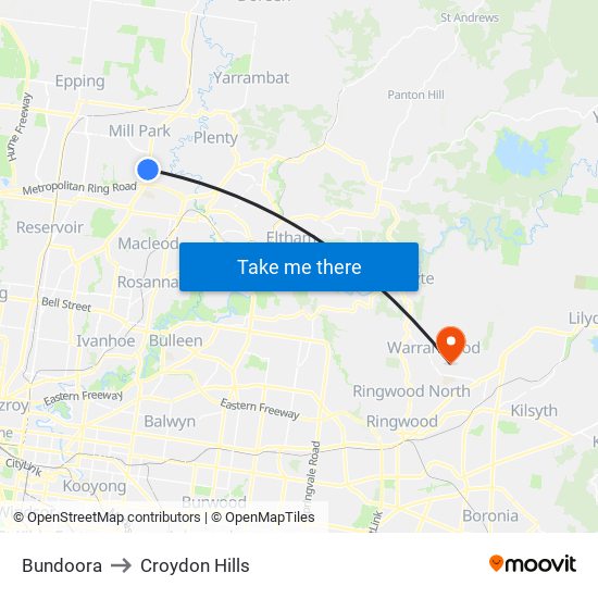 Bundoora to Croydon Hills map