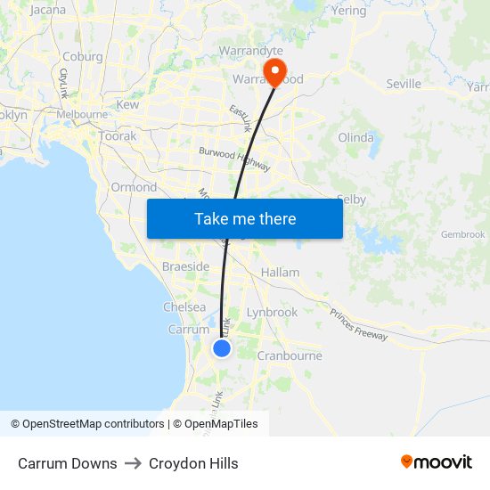 Carrum Downs to Croydon Hills map