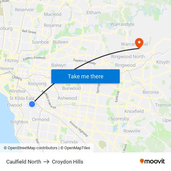 Caulfield North to Croydon Hills map