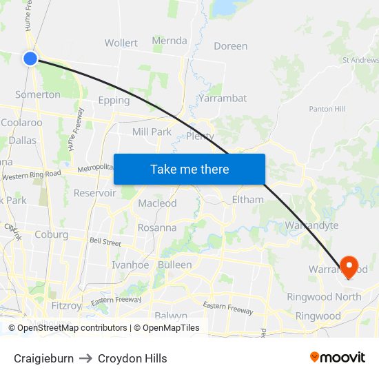 Craigieburn to Croydon Hills map